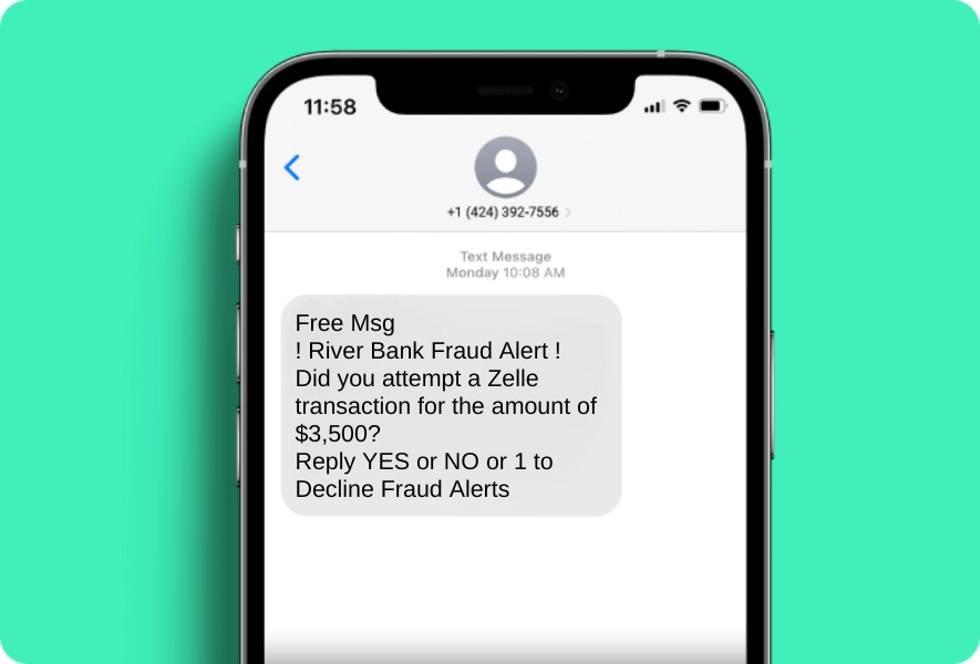 Mockup of an iphone with a scam text message from Zelle.