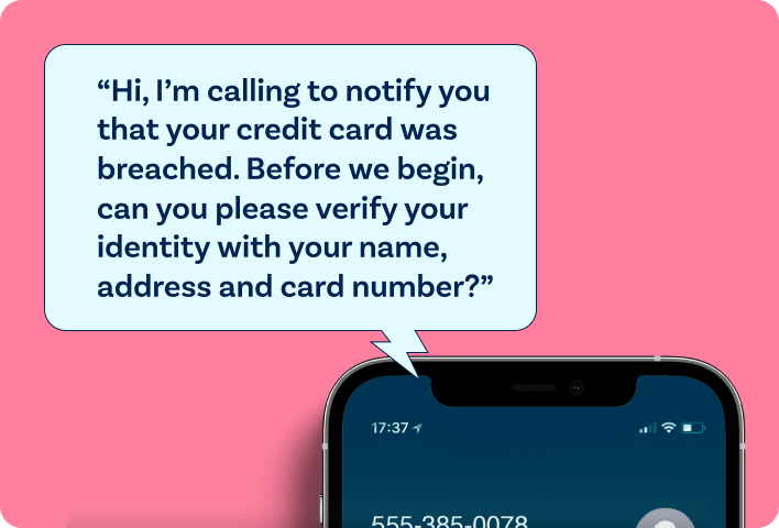 Mocked up phone with speech bubble coming out of it showing information a scammer might say.